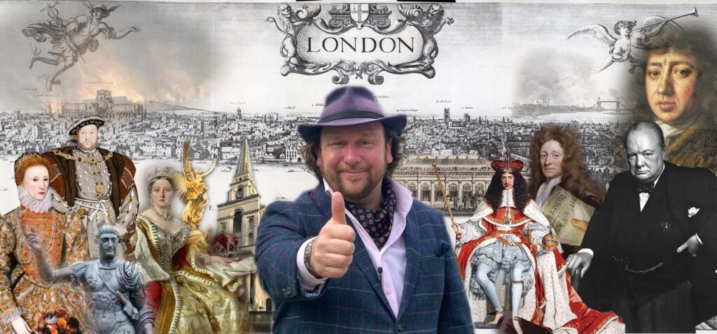 The London Storyteller posing with historical figures in history in front of a map of London